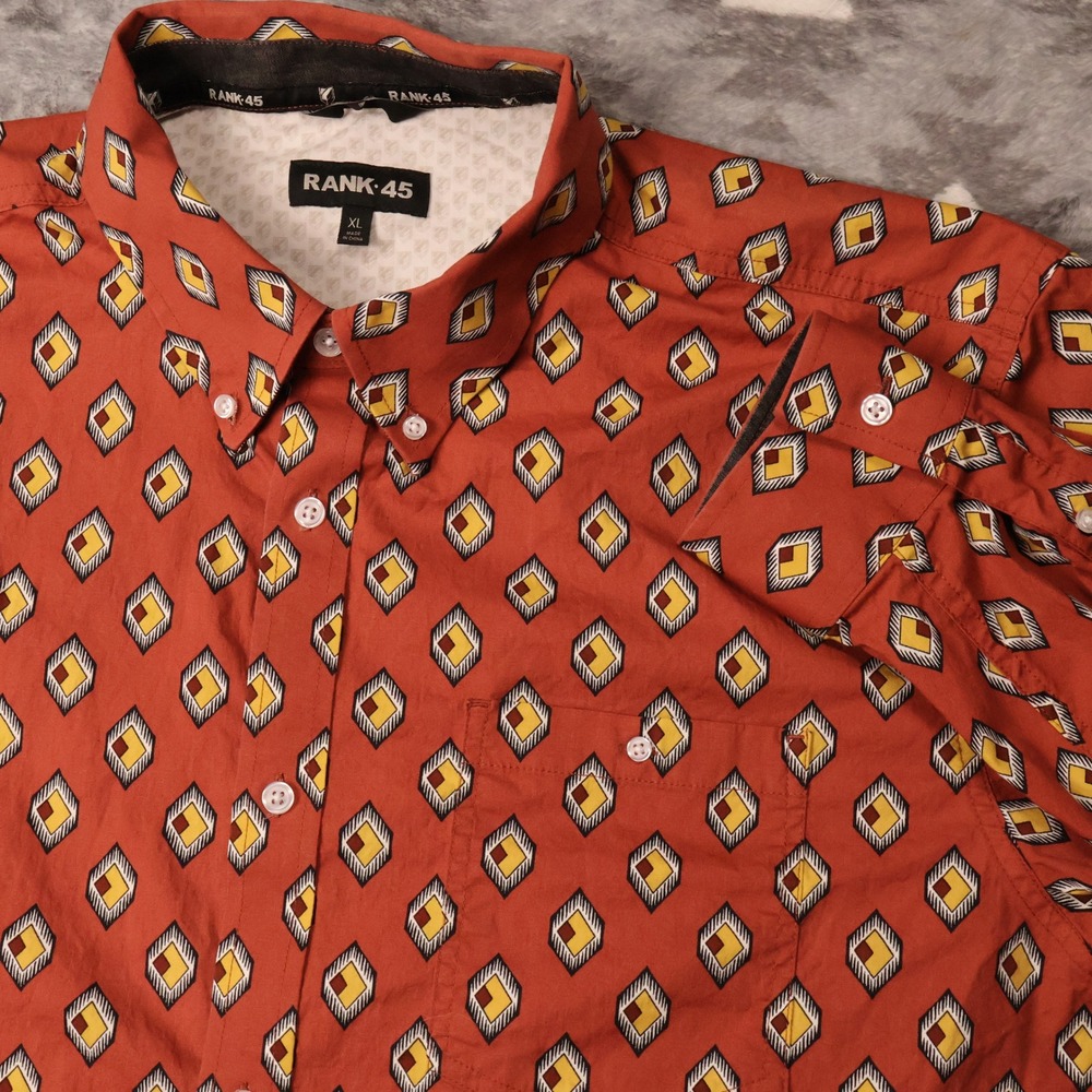 Rank 45 Mens XL Burnt Orange Geometric Diamond Print Button Down Shirt Stretch